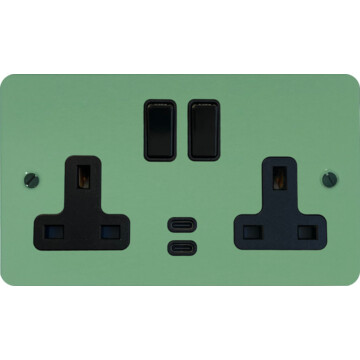 flat sage green double socket with usb c (black switch) front fc20825