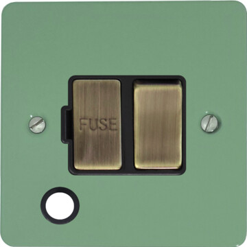 flat sage green switched fused spur with flex outlet (black insert/satin chrome switch) front fc20825