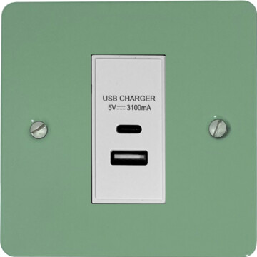 flat sage green usb charger (usb a and usb c) (1 gang/white insert) front fc20825