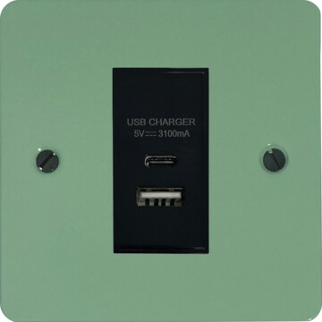 flat sage green usb charger (usb a and usb c) (1 gang/black insert) front fc20825