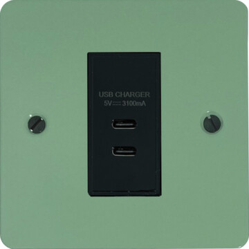 flat sage green usb charger (2x usb c) (1 gang/black insert) front fc20825