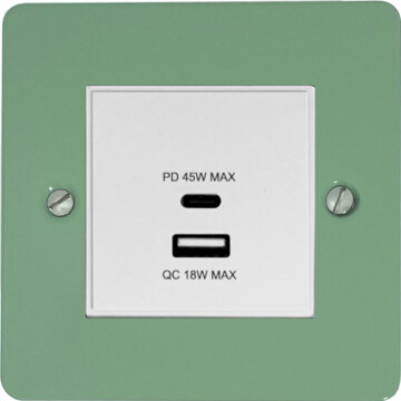 flat sage green usb charger (dual usb a + c quick charge) (1 gang/white insert) front fc20825