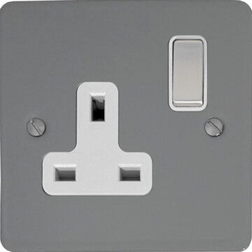 flat light grey single socket (white insert/metal switch) front fc20825