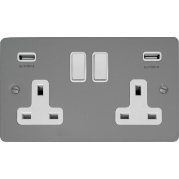 flat light grey double socket with usb (white switches) front fc20825