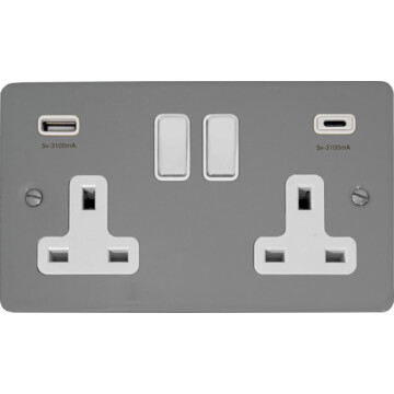 flat light grey double socket with usb (usb a and usb c/white switches) front fc20825