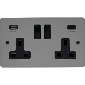 flat light grey double socket with usb (usb a and usb c/black switches) front fc20825