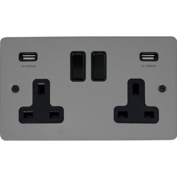 flat light grey double socket with usb (black switches) front fc20825