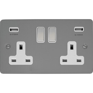 flat light grey double socket with usb (white insert/metal switches) front fc20825