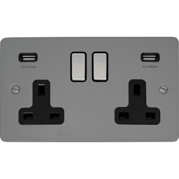 flat light grey double socket with usb (black insert/metal switches) front fc20825