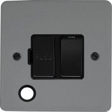 flat light grey switched fused spur with flex outlet (black switch) front fc20825