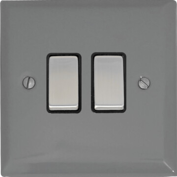 spectrum light grey light switch (2 gang/black insert/metal switches) front fc20825