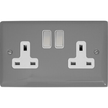 spectrum light grey double socket (white insert/ metal switches) front fc20825