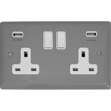 spectrum light grey double socket with usb (white switches) front fc20825