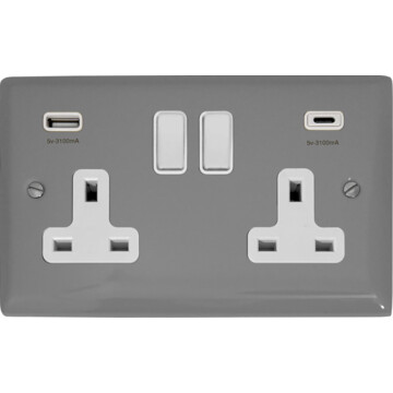 spectrum light grey double socket with usb (usb a and usb c/white switches) front fc20825
