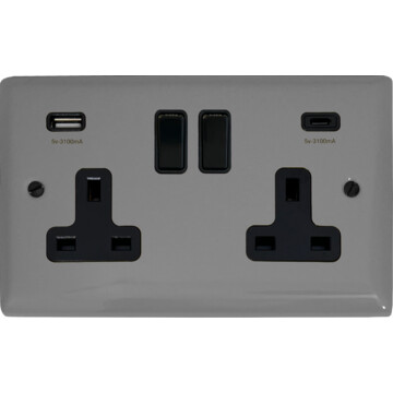 spectrum light grey double socket with usb (usb a and usb c/black switches) front fc20825