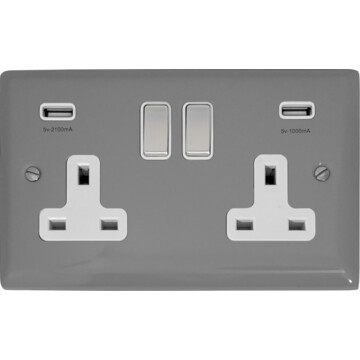 spectrum light grey double socket with usb (white insert/metal switches) front fc20825