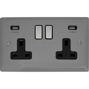 spectrum light grey double socket with usb (black insert/metal switches) front fc20825
