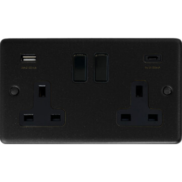 contour graphite double socket with usb (usb a and usb c/black insert/black plastic switches) front fc20825