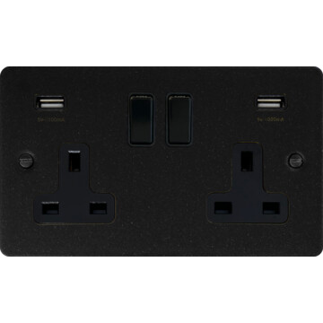 flat graphite double socket with usb (black switches) front fc20825