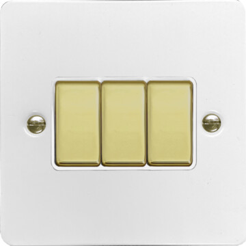 flat white light switch (3 gang/polished brass switches) front fc20825