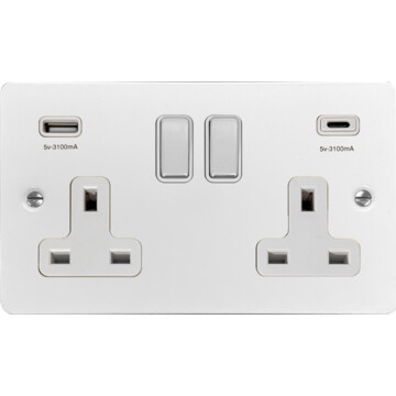 flat white socket with usb (usb a and usb c/white insert/chrome switches) front fc20825