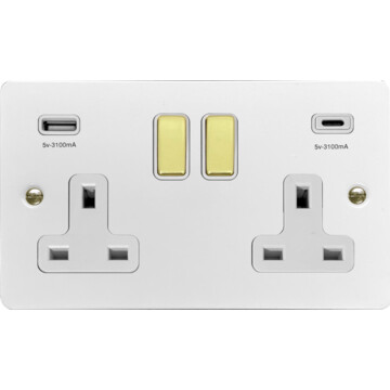 flat white socket with usb (usb a and usb c/white insert/polished brass switches) front fc20825