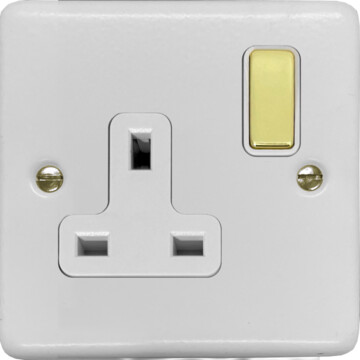contour white single socket (polished brass switch) front fc20825