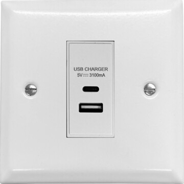 spectrum white usb charger (usb a and usb c) (white insert/1 gang) front fc20825