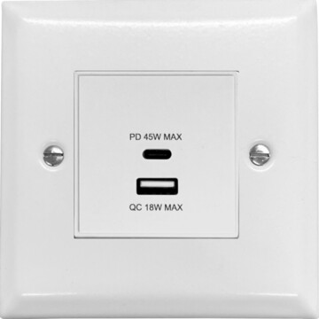 spectrum white usb charger (dual usb a + c quick charge) (white insert/1 gang) front fc20825