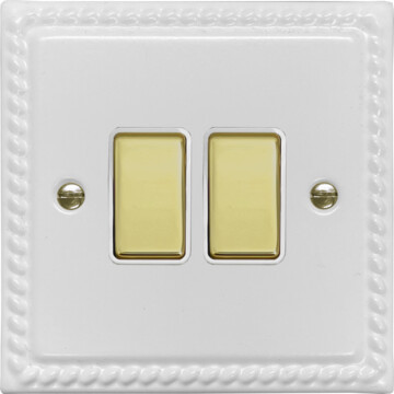 monarch white light switch (2 gang/white insert/polished brass switches) front fc20825