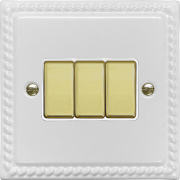 monarch white light switch (3 gang/white insert/polished brass switches) front fc20825