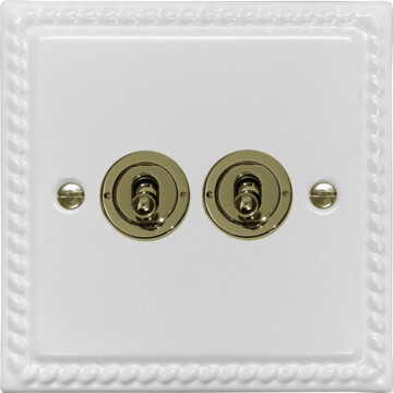 monarch white toggle switch (2 gang/polished brass switches) front fc20825
