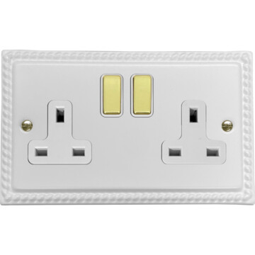 monarch white double socket (white insert/polished brass switches) front fc20825