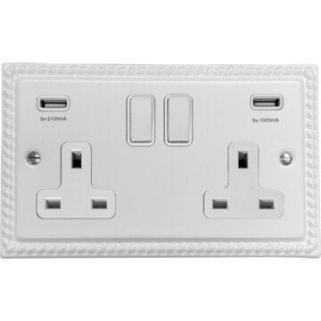 monarch white double socket with usb (white switches) front fc20825
