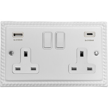 monarch white double socket with usb (usb a and usb c/white switches) front fc20825