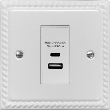 monarch white usb charger (usb a and usb c) (white insert/1 gang) front fc20825
