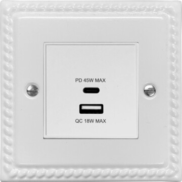 monarch white usb charger (dual usb a + c quick charge) (white insert/1 gang) front fc20825