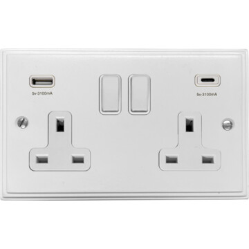 white double socket with usb (usb a and usb c/white switches) front fc20825