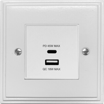 victorian white usb charger (dual usb a + c quick charge) (1 gang) front fc20825