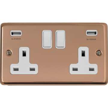 contour copper hand waxed double socket with usb (white switch) front fc20825