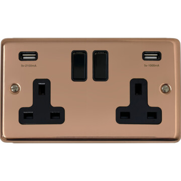 contour copper hand waxed double socket with usb (black switch) front fc20825
