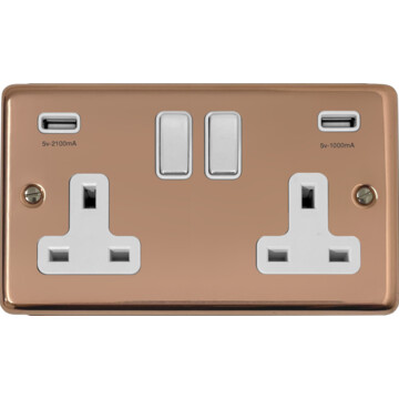 contour copper hand waxed double socket with usb (white insert/polished chrome switches) front fc20825