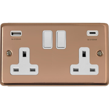 contour copper hand waxed double socket with usb (usb a and usb c/white switches) front fc20825