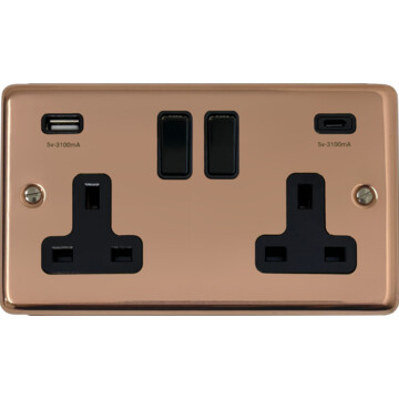 contour copper hand waxed double socket with usb (usb a and usb c/black switches) front fc20825