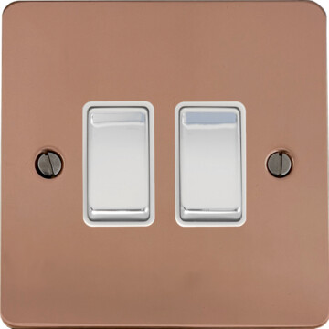 flat copper hand waxed light switch (2 gang/chrome switches) front fc20825