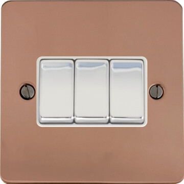 flat copper hand waxed light switch (3 gang/chrome switches) front fc20825
