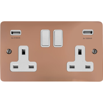 flat copper hand waxed double socket with usb (white switch) front fc20825