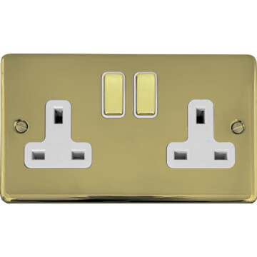 contour polished brass hand waxed double socket (brass switches/white inserts) front fc20825