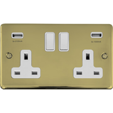 contour polished brass hand waxed double socket with usb (white switches) front fc20825