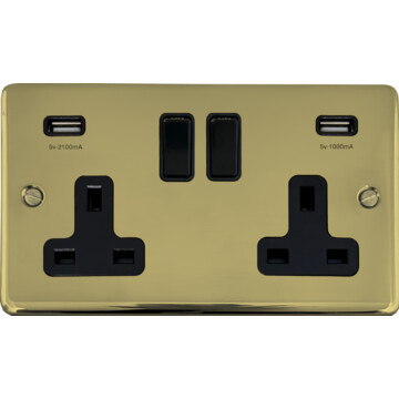 contour polished brass hand waxed double socket with usb (black switches) front fc20825